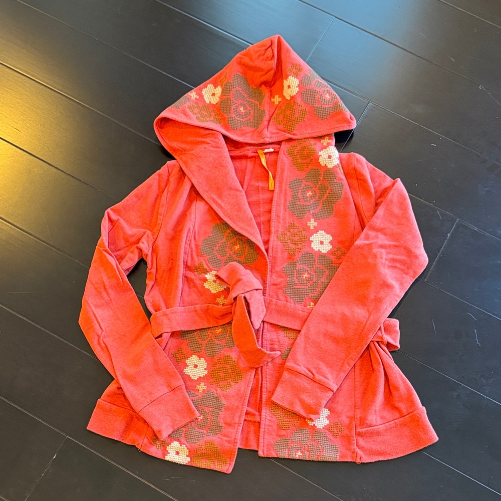 Anthropologie Hooded Cardigan |Orange with Needlepoint Floral Designs | size XS